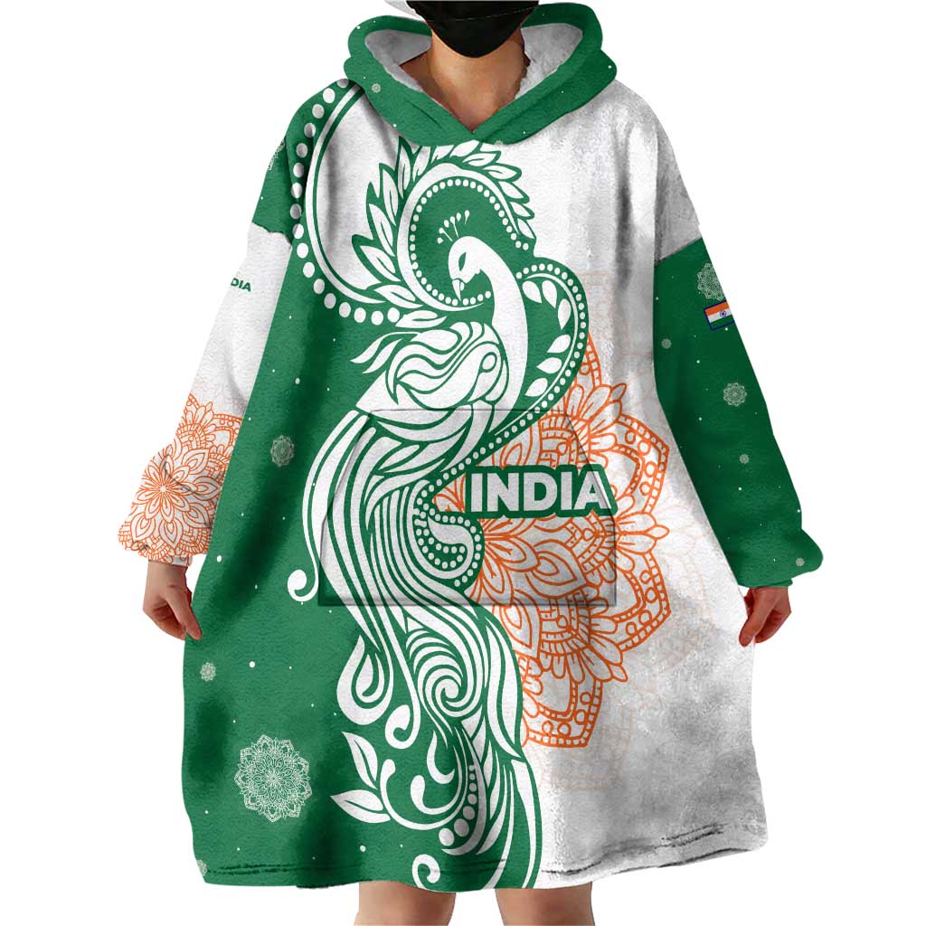 India Christmas Wearable Blanket Hoodie with Peacock Mandala Pattern and Tricolor Design - Wonder Print Shop