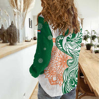 India Christmas Women Casual Shirt with Peacock Mandala Pattern and Tricolor Design - Wonder Print Shop