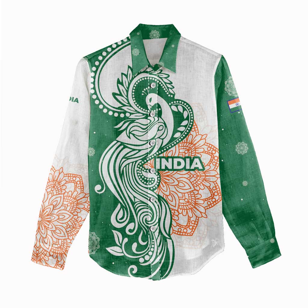 India Christmas Women Casual Shirt with Peacock Mandala Pattern and Tricolor Design - Wonder Print Shop
