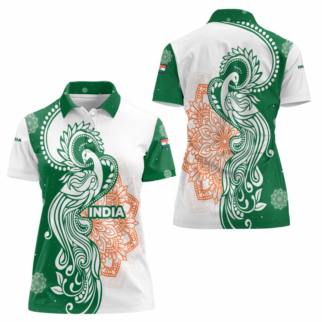 India Christmas Women Polo Shirt with Peacock Mandala Pattern and Tricolor Design - Wonder Print Shop