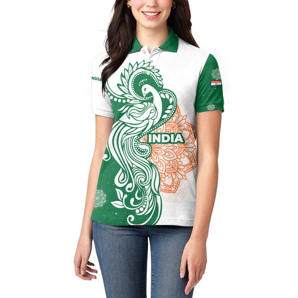 India Christmas Women Polo Shirt with Peacock Mandala Pattern and Tricolor Design - Wonder Print Shop