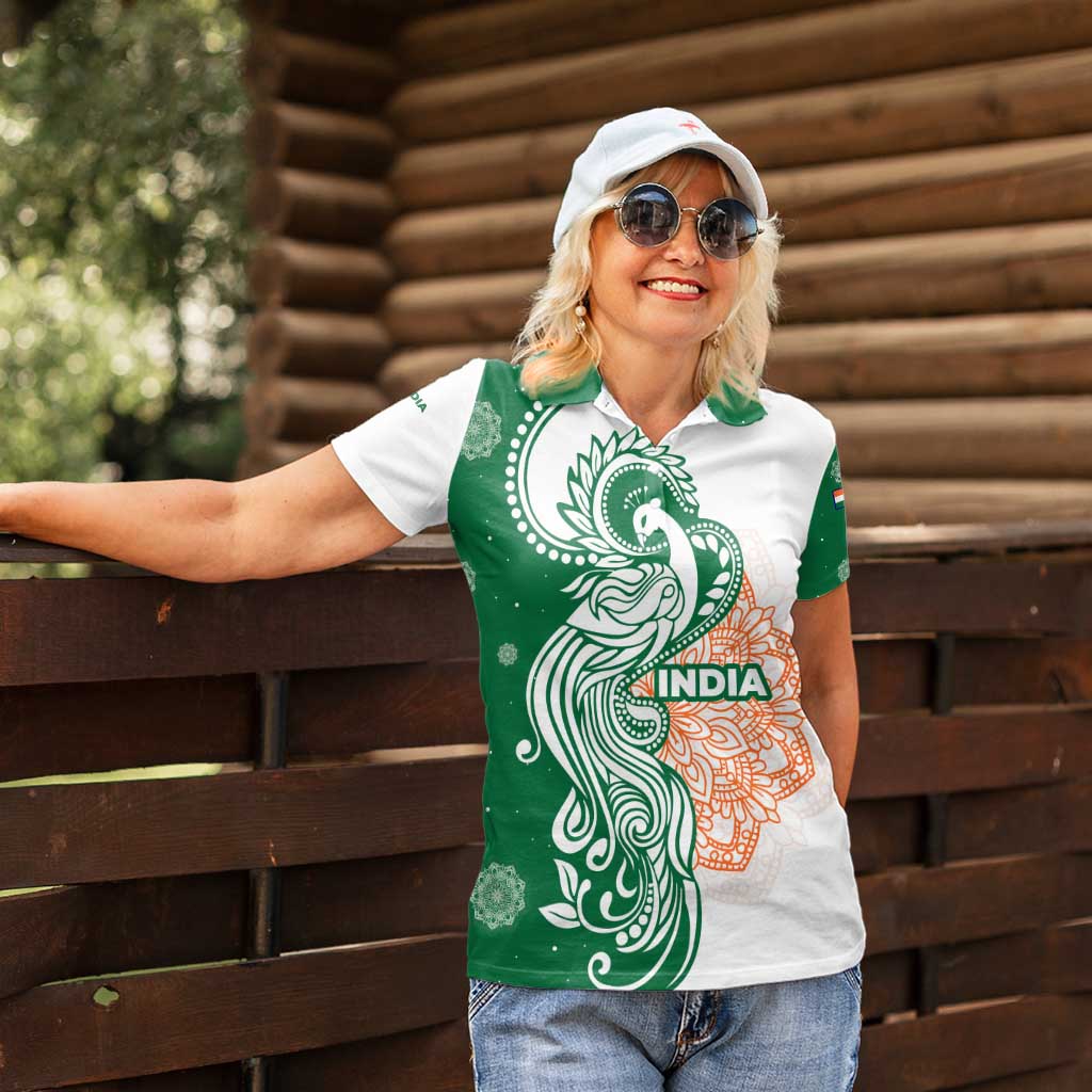 India Christmas Women Polo Shirt with Peacock Mandala Pattern and Tricolor Design - Wonder Print Shop