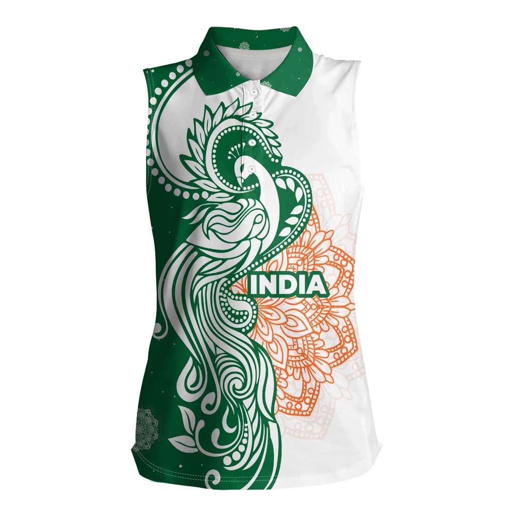 India Christmas Women Sleeveless Polo Shirt with Peacock Mandala Pattern and Tricolor Design - Wonder Print Shop