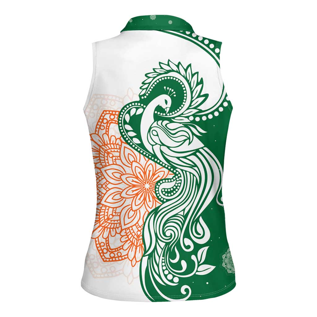 India Christmas Women Sleeveless Polo Shirt with Peacock Mandala Pattern and Tricolor Design - Wonder Print Shop