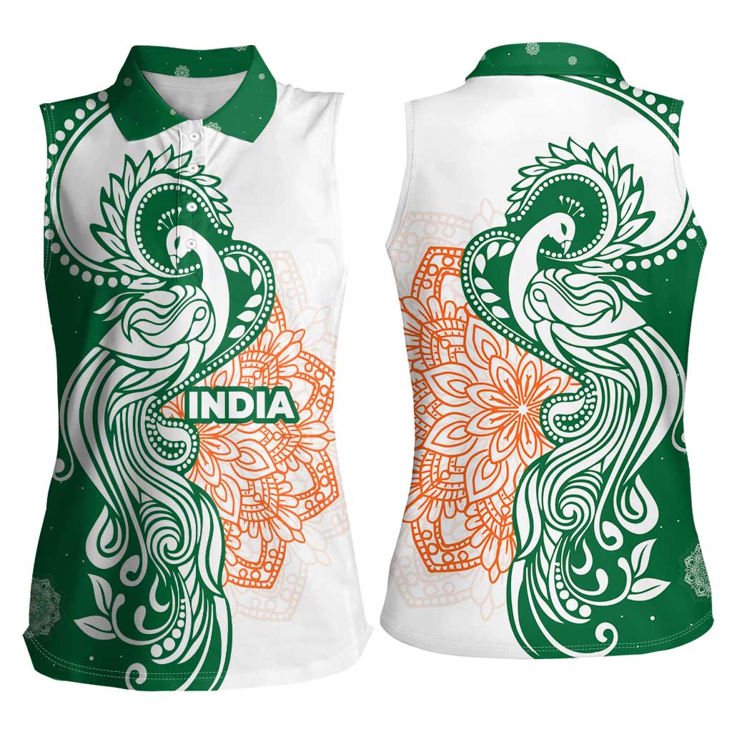 India Christmas Women Sleeveless Polo Shirt with Peacock Mandala Pattern and Tricolor Design - Wonder Print Shop