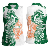India Christmas Women Sleeveless Polo Shirt with Peacock Mandala Pattern and Tricolor Design - Wonder Print Shop
