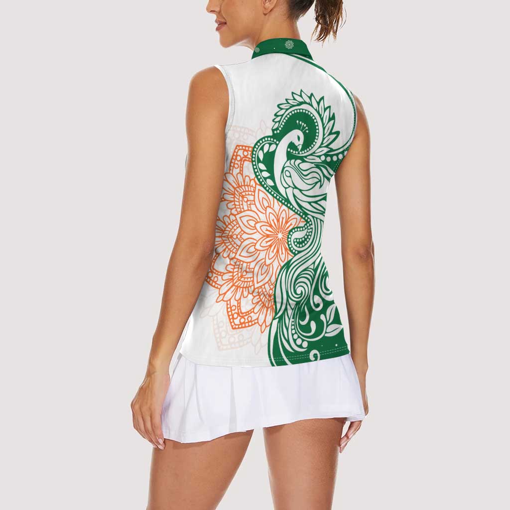 India Christmas Women Sleeveless Polo Shirt with Peacock Mandala Pattern and Tricolor Design - Wonder Print Shop