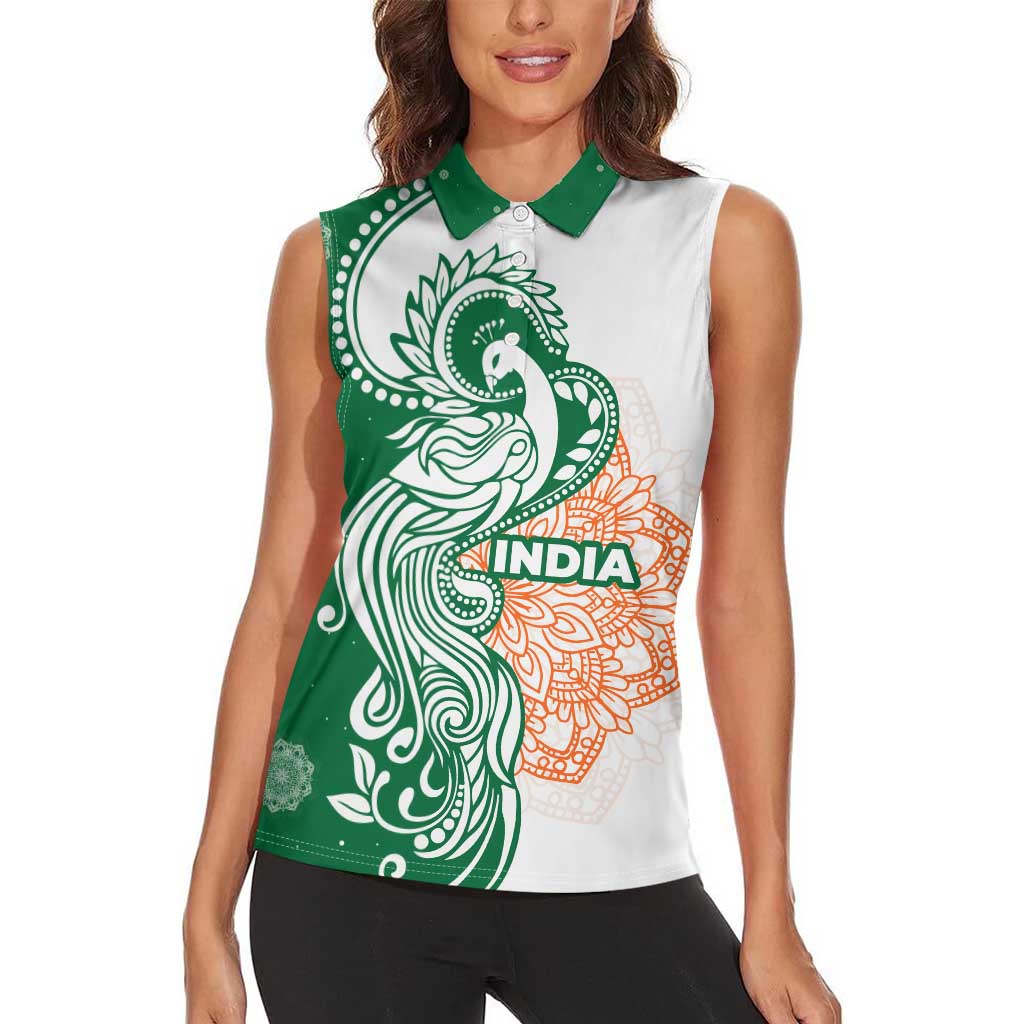 India Christmas Women Sleeveless Polo Shirt with Peacock Mandala Pattern and Tricolor Design - Wonder Print Shop