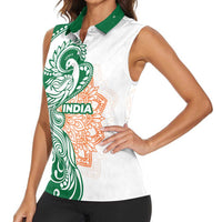 India Christmas Women Sleeveless Polo Shirt with Peacock Mandala Pattern and Tricolor Design - Wonder Print Shop