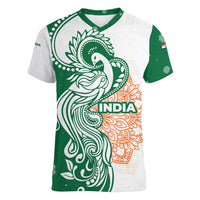India Christmas Women V-Neck T-Shirt with Peacock Mandala Pattern and Tricolor Design - Wonder Print Shop