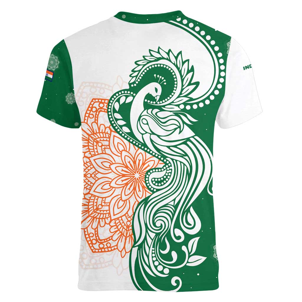 India Christmas Women V-Neck T-Shirt with Peacock Mandala Pattern and Tricolor Design - Wonder Print Shop