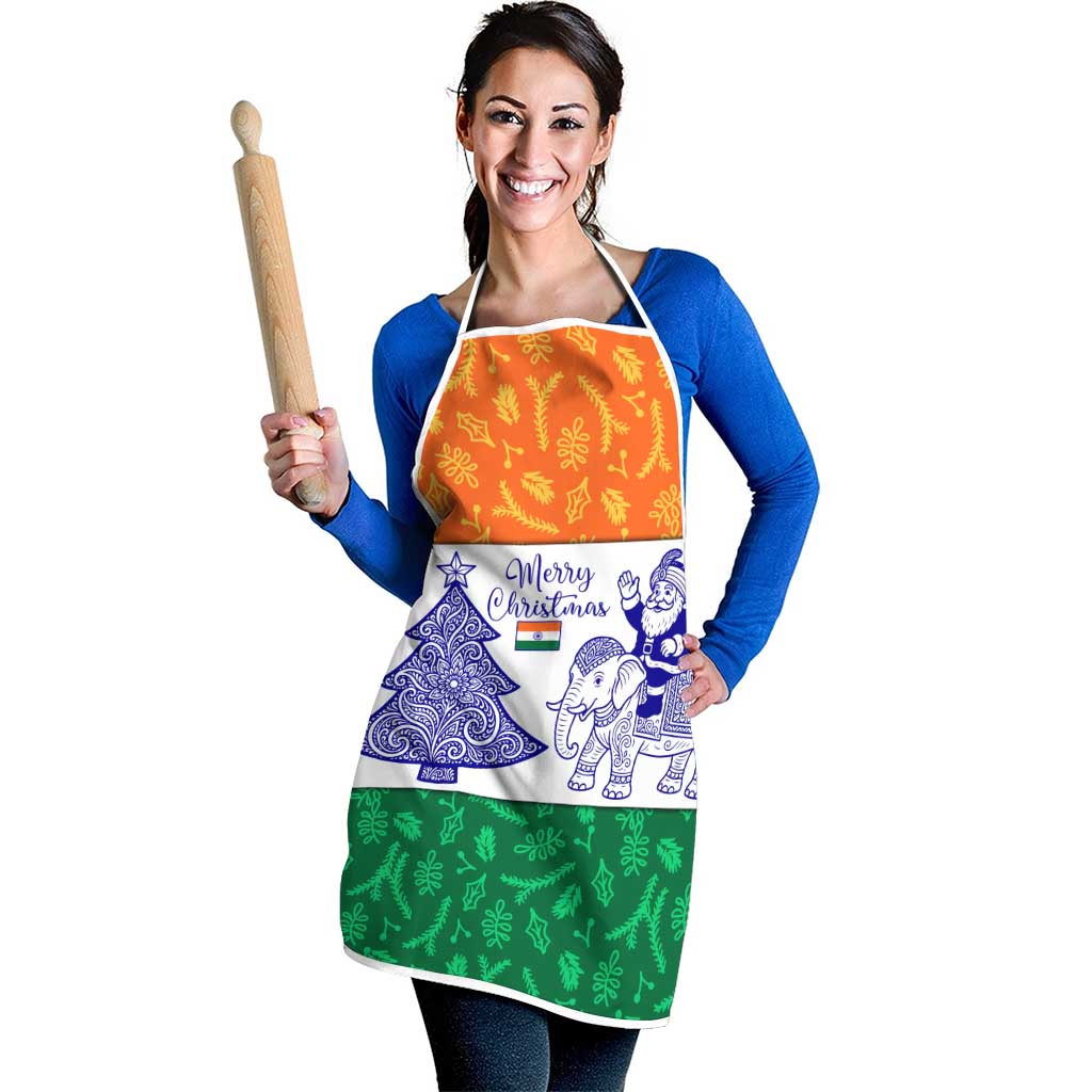 India Christmas Apron with Elephant Santa Tree Design and Tricolor Holiday Pattern - Wonder Print Shop