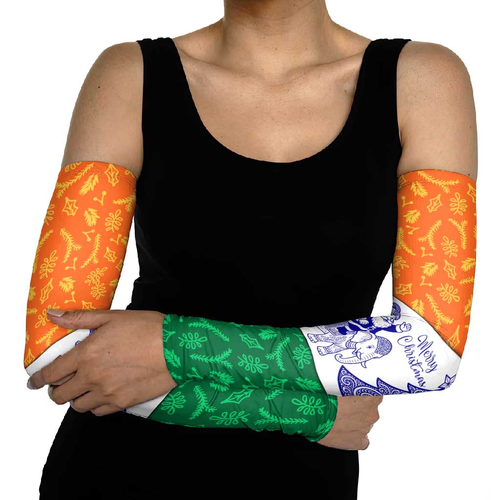 India Christmas Arm Sleeves with Elephant Santa Tree Design and Tricolor Holiday Pattern - Wonder Print Shop