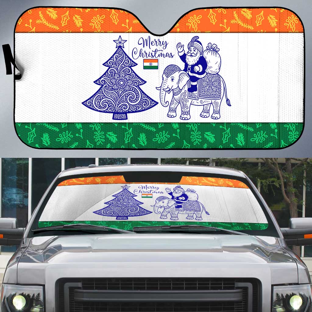 India Christmas Auto Sun Shade with Elephant Santa Tree Design and Tricolor Holiday Pattern - Wonder Print Shop