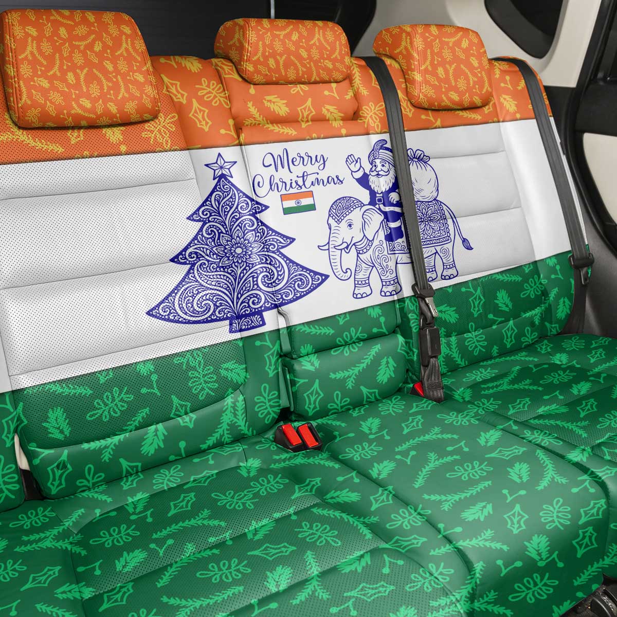 India Christmas Back Car Seat Cover with Elephant Santa Tree Design and Tricolor Holiday Pattern - Wonder Print Shop