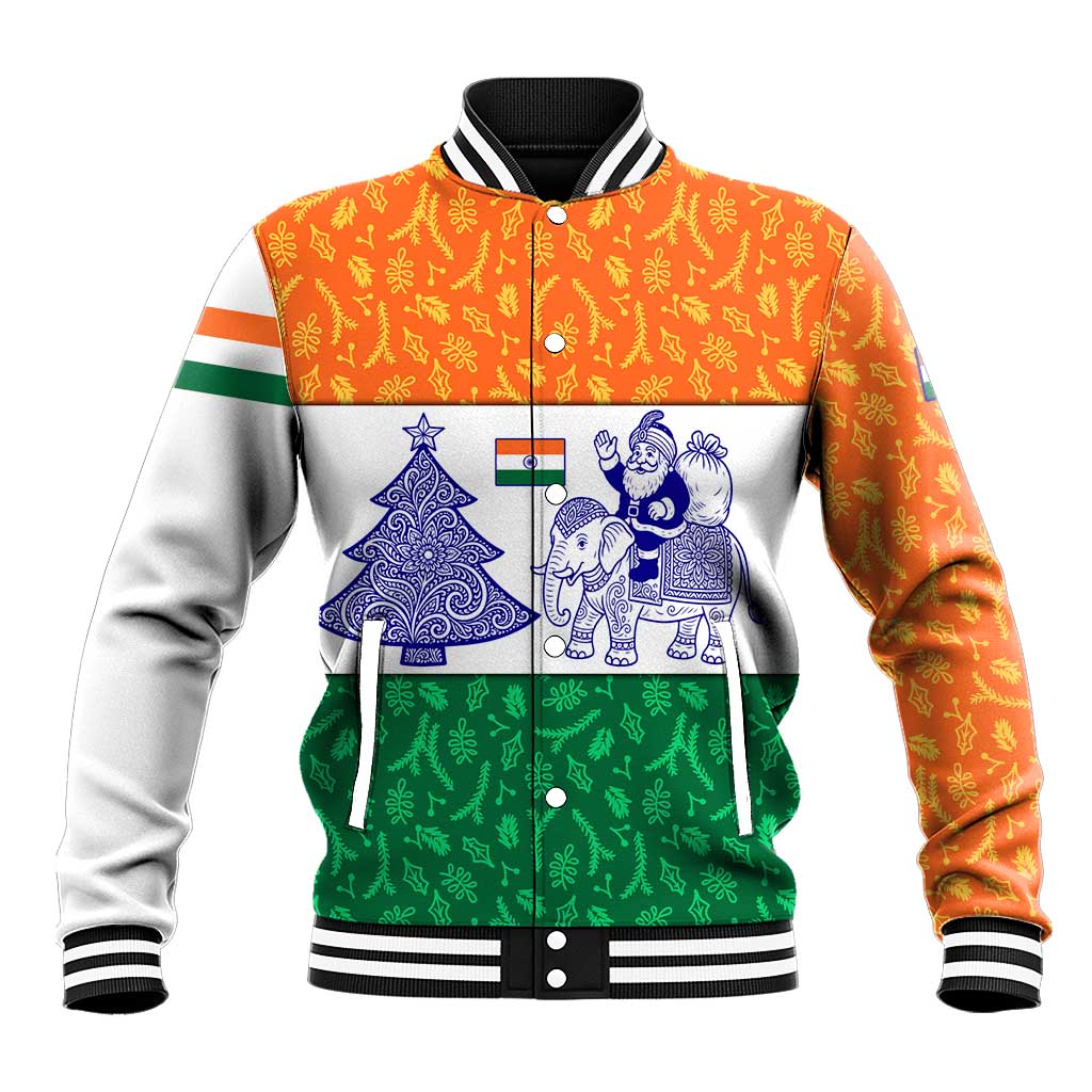 India Christmas Baseball Jacket with Elephant Santa Tree Design and Tricolor Holiday Pattern - Wonder Print Shop