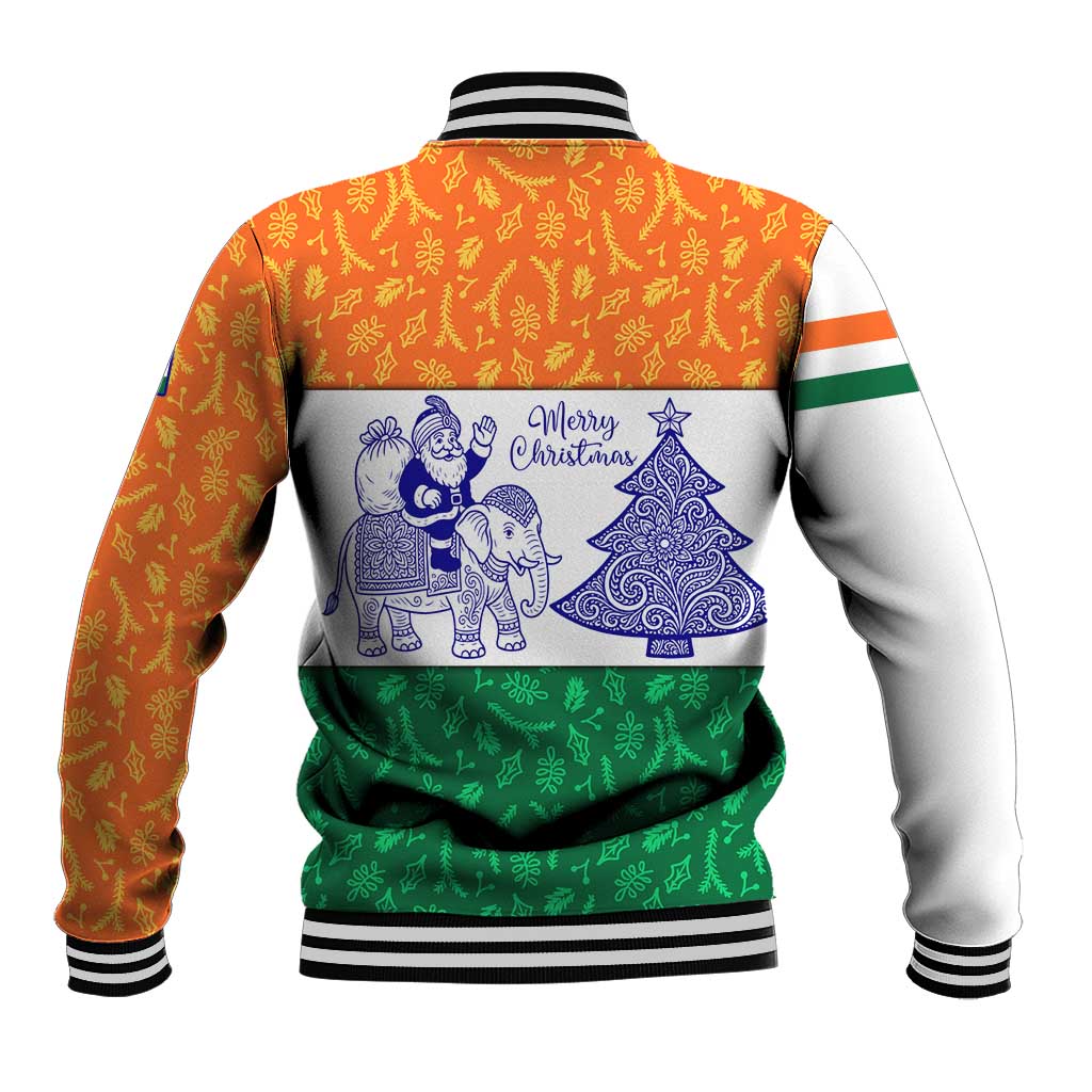 India Christmas Baseball Jacket with Elephant Santa Tree Design and Tricolor Holiday Pattern - Wonder Print Shop