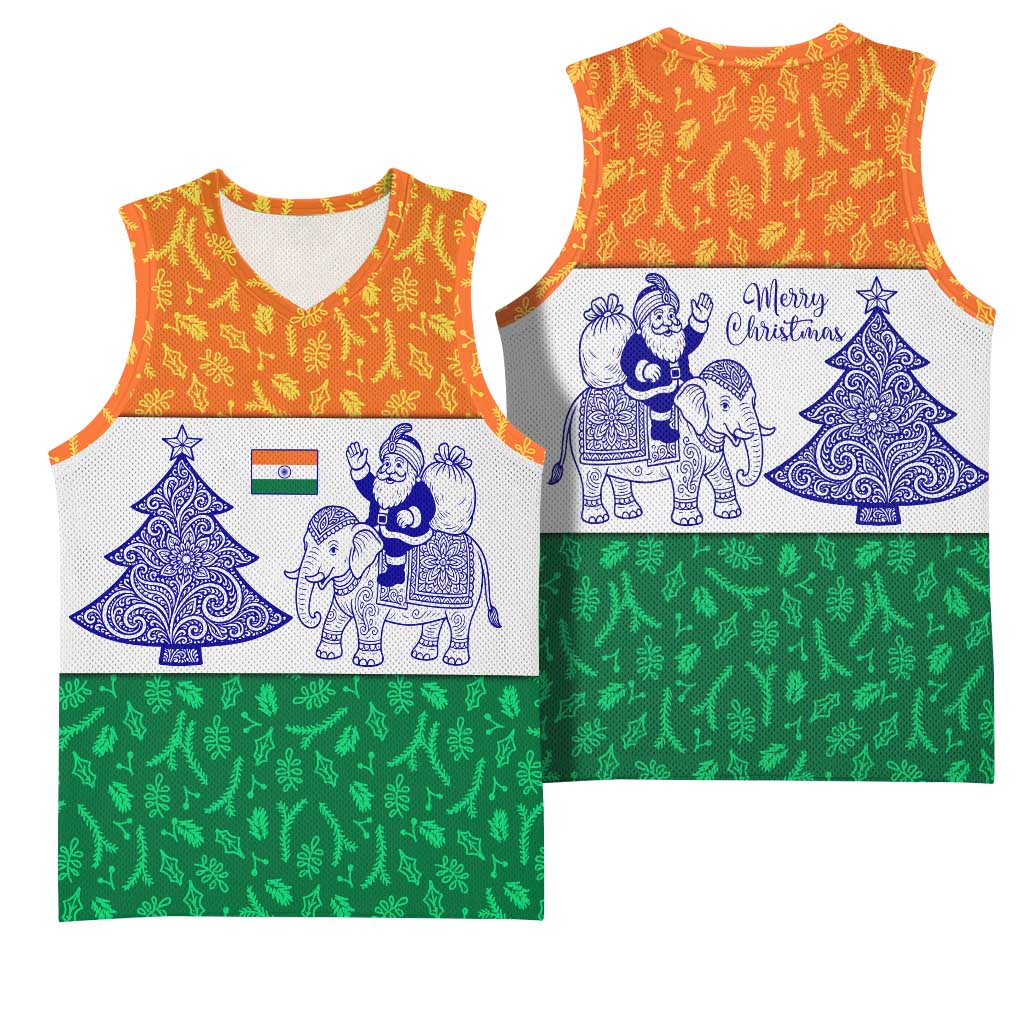 India Christmas Basketball Jersey with Elephant Santa Tree Design and Tricolor Holiday Pattern - Wonder Print Shop
