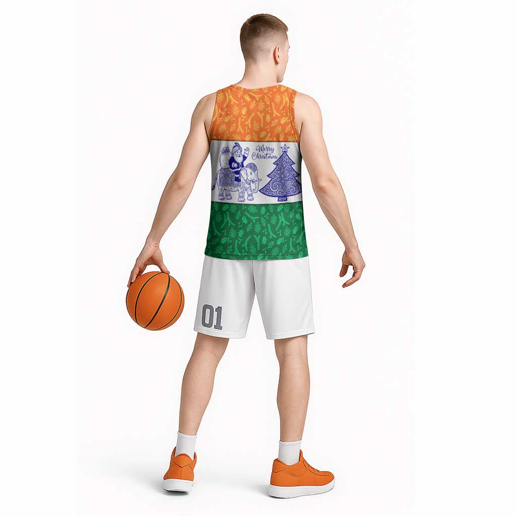India Christmas Basketball Jersey with Elephant Santa Tree Design and Tricolor Holiday Pattern - Wonder Print Shop