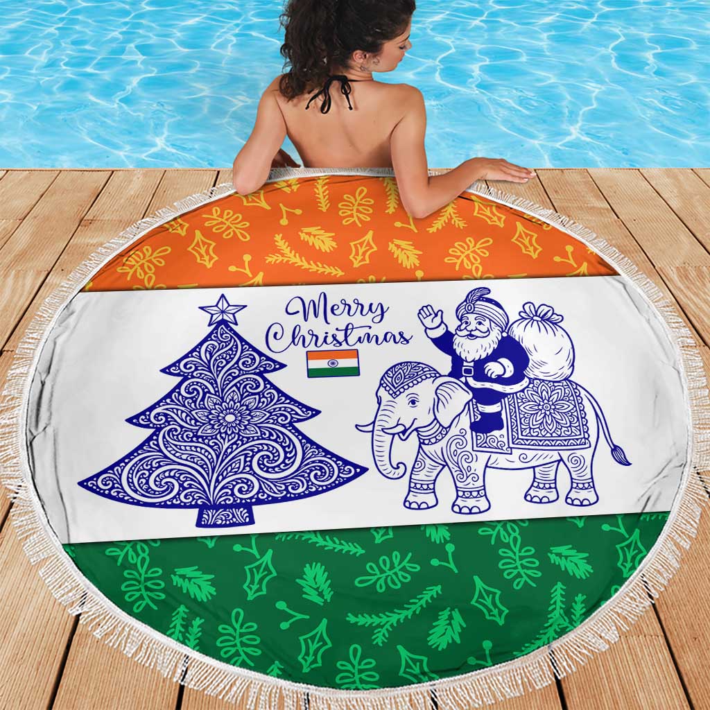 India Christmas Beach Blanket with Elephant Santa Tree Design and Tricolor Holiday Pattern - Wonder Print Shop