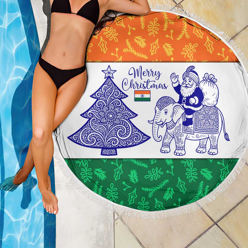 India Christmas Beach Blanket with Elephant Santa Tree Design and Tricolor Holiday Pattern - Wonder Print Shop