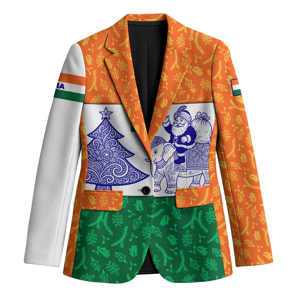 India Christmas Blazer with Elephant Santa Tree Design and Tricolor Holiday Pattern - Wonder Print Shop