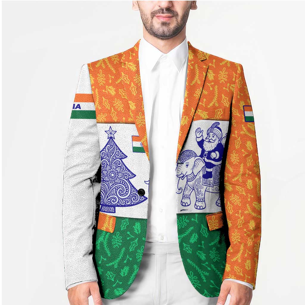 India Christmas Blazer with Elephant Santa Tree Design and Tricolor Holiday Pattern - Wonder Print Shop