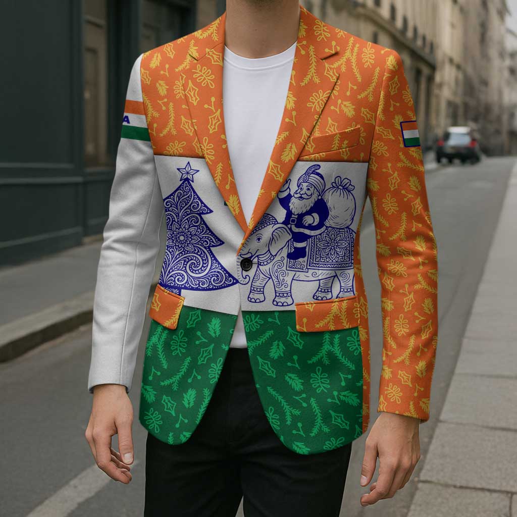 India Christmas Blazer with Elephant Santa Tree Design and Tricolor Holiday Pattern - Wonder Print Shop