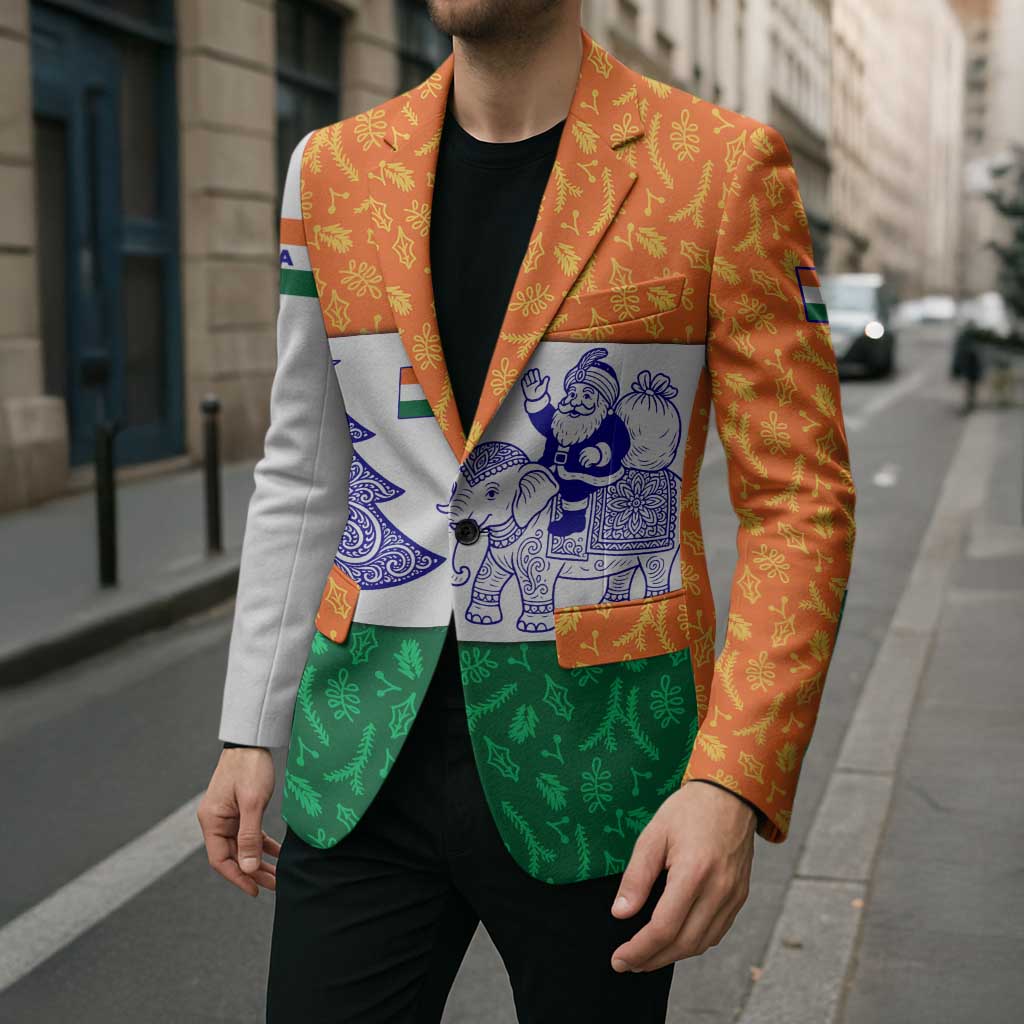 India Christmas Blazer with Elephant Santa Tree Design and Tricolor Holiday Pattern - Wonder Print Shop