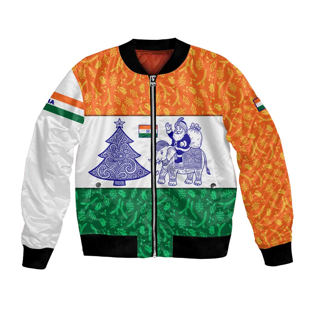 India Christmas Bomber Jacket with Elephant Santa Tree Design and Tricolor Holiday Pattern - Wonder Print Shop