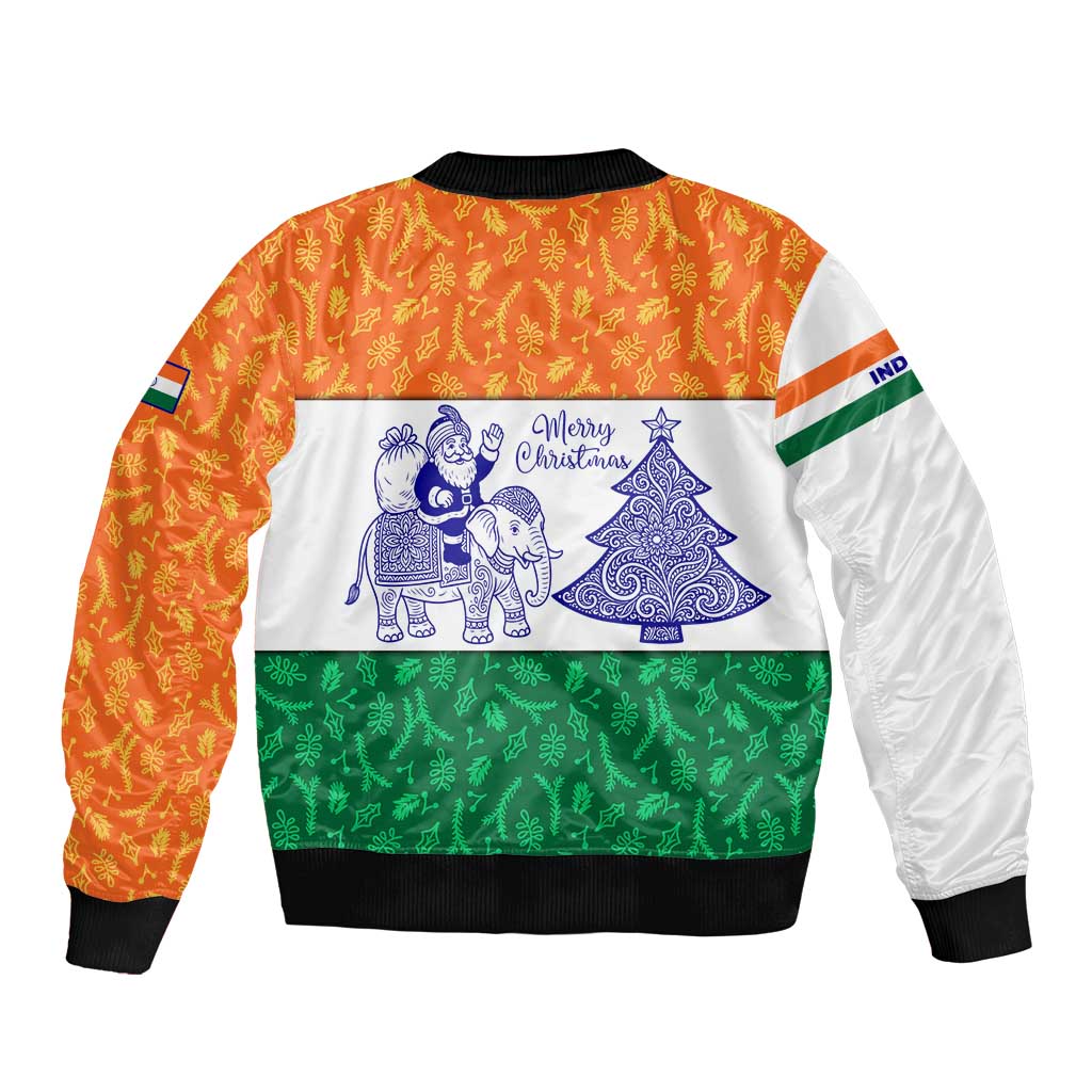 India Christmas Bomber Jacket with Elephant Santa Tree Design and Tricolor Holiday Pattern - Wonder Print Shop