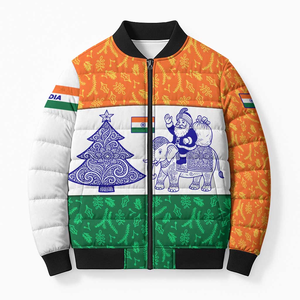 India Christmas Bomber Puffer Jacket with Elephant Santa Tree Design and Tricolor Holiday Pattern - Wonder Print Shop