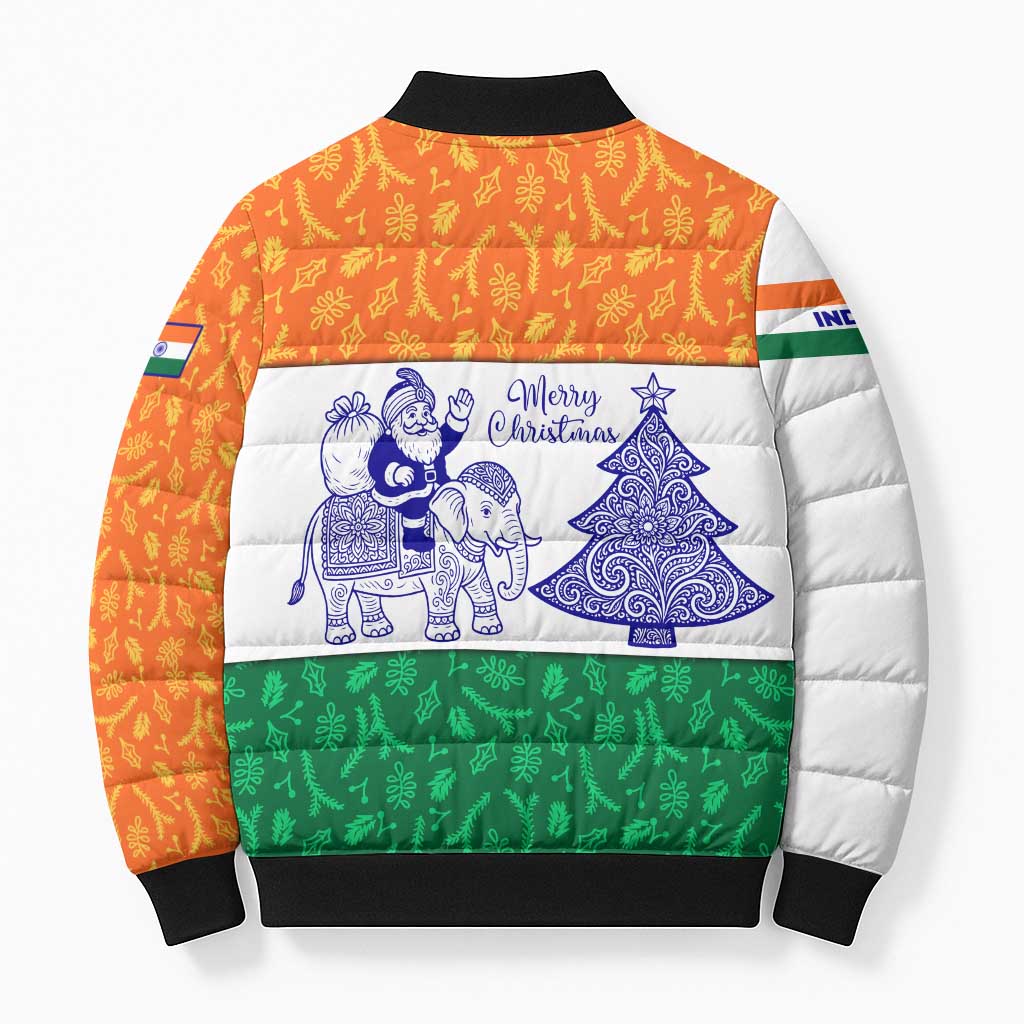 India Christmas Bomber Puffer Jacket with Elephant Santa Tree Design and Tricolor Holiday Pattern - Wonder Print Shop