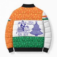 India Christmas Bomber Puffer Jacket with Elephant Santa Tree Design and Tricolor Holiday Pattern - Wonder Print Shop