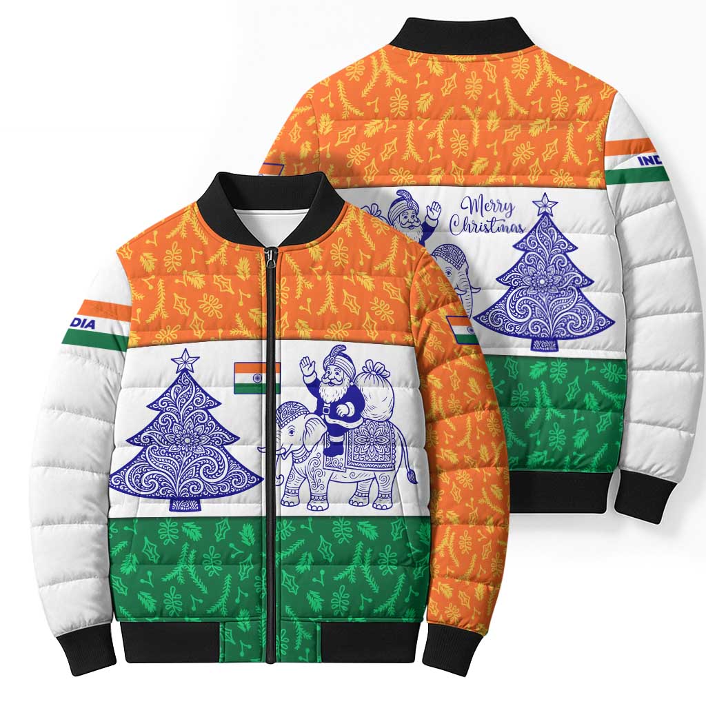 India Christmas Bomber Puffer Jacket with Elephant Santa Tree Design and Tricolor Holiday Pattern - Wonder Print Shop
