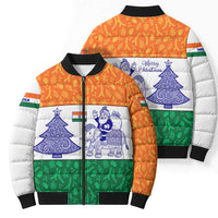 India Christmas Bomber Puffer Jacket with Elephant Santa Tree Design and Tricolor Holiday Pattern - Wonder Print Shop