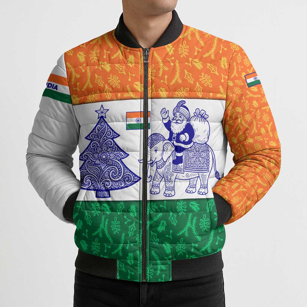 India Christmas Bomber Puffer Jacket with Elephant Santa Tree Design and Tricolor Holiday Pattern - Wonder Print Shop
