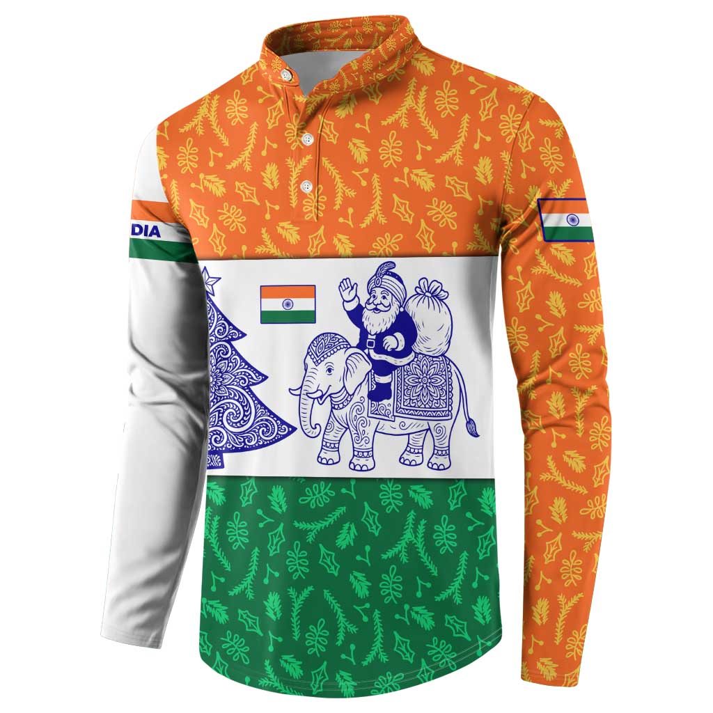 India Christmas Button Sweatshirt with Elephant Santa Tree Design and Tricolor Holiday Pattern - Wonder Print Shop
