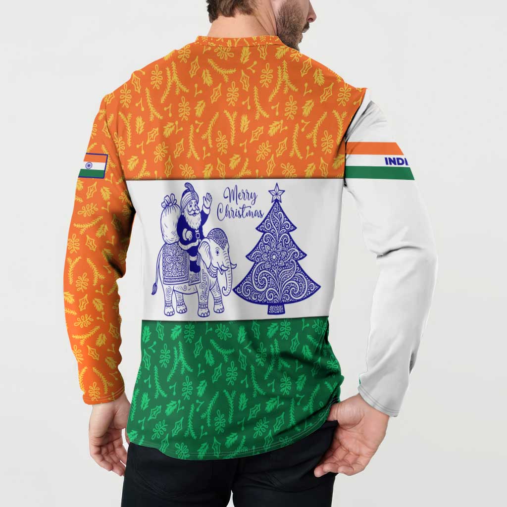 India Christmas Button Sweatshirt with Elephant Santa Tree Design and Tricolor Holiday Pattern - Wonder Print Shop