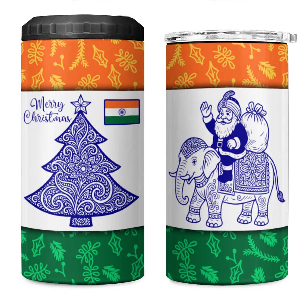 India Christmas 4 in 1 Can Cooler Tumbler with Elephant Santa Tree Design and Tricolor Holiday Pattern - Wonder Print Shop