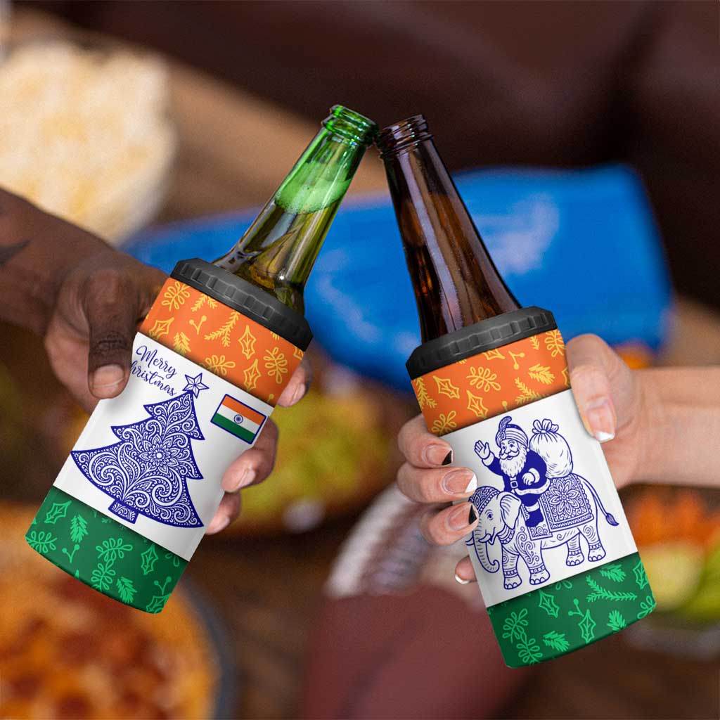 India Christmas 4 in 1 Can Cooler Tumbler with Elephant Santa Tree Design and Tricolor Holiday Pattern - Wonder Print Shop