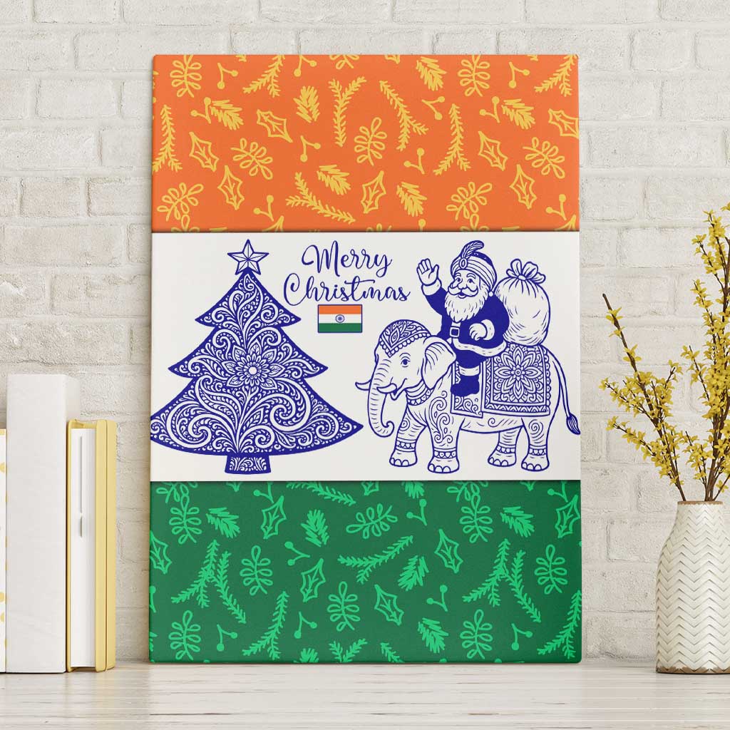 India Christmas Canvas Wall Art with Elephant Santa Tree Design and Tricolor Holiday Pattern - Wonder Print Shop