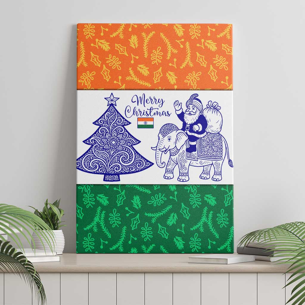 India Christmas Canvas Wall Art with Elephant Santa Tree Design and Tricolor Holiday Pattern - Wonder Print Shop