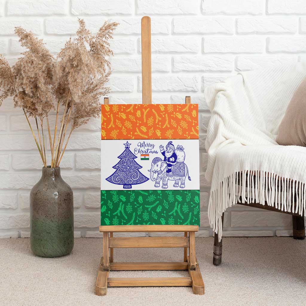 India Christmas Canvas Wall Art with Elephant Santa Tree Design and Tricolor Holiday Pattern - Wonder Print Shop