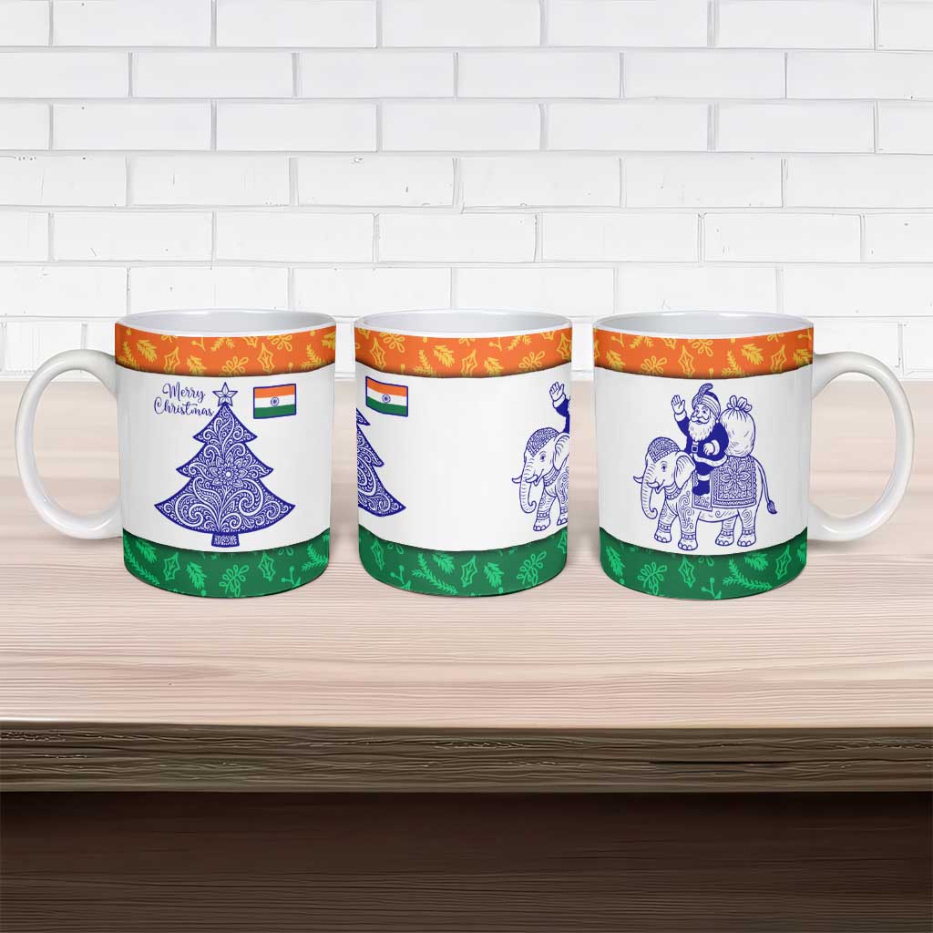 India Christmas Ceramic Mug with Elephant Santa Tree Design and Tricolor Holiday Pattern - Wonder Print Shop