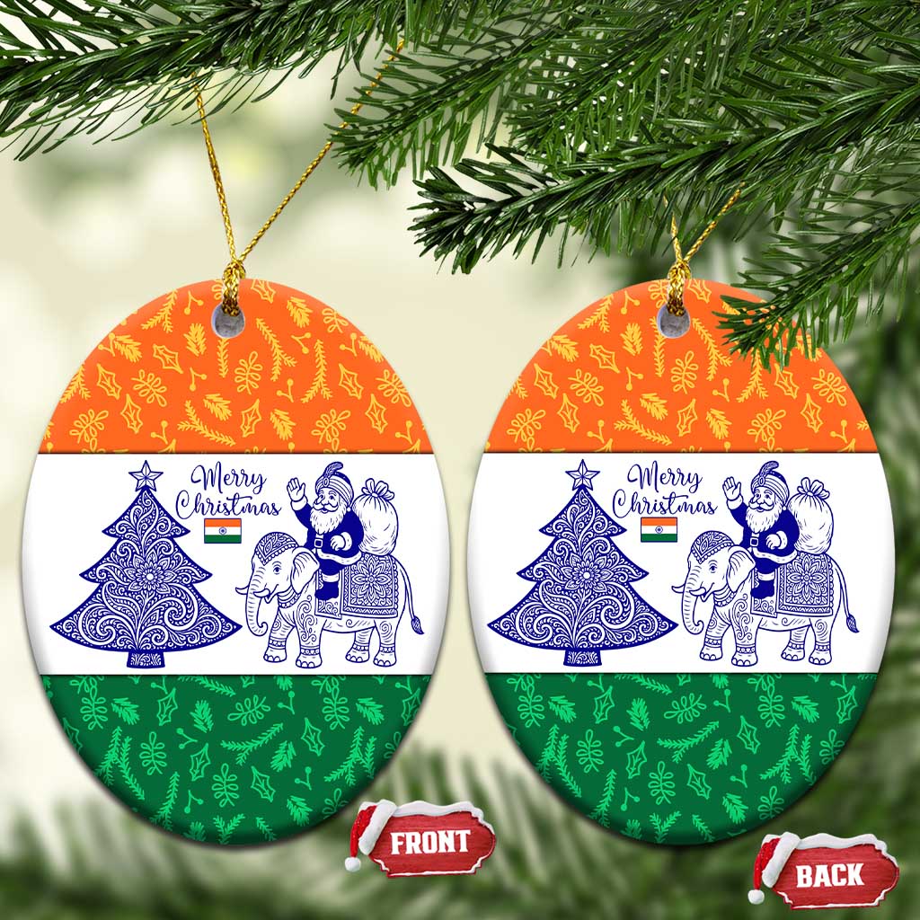 India Christmas Ceramic Ornament with Elephant Santa Tree Design and Tricolor Holiday Pattern - Wonder Print Shop