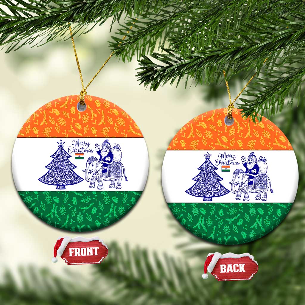 India Christmas Ceramic Ornament with Elephant Santa Tree Design and Tricolor Holiday Pattern - Wonder Print Shop