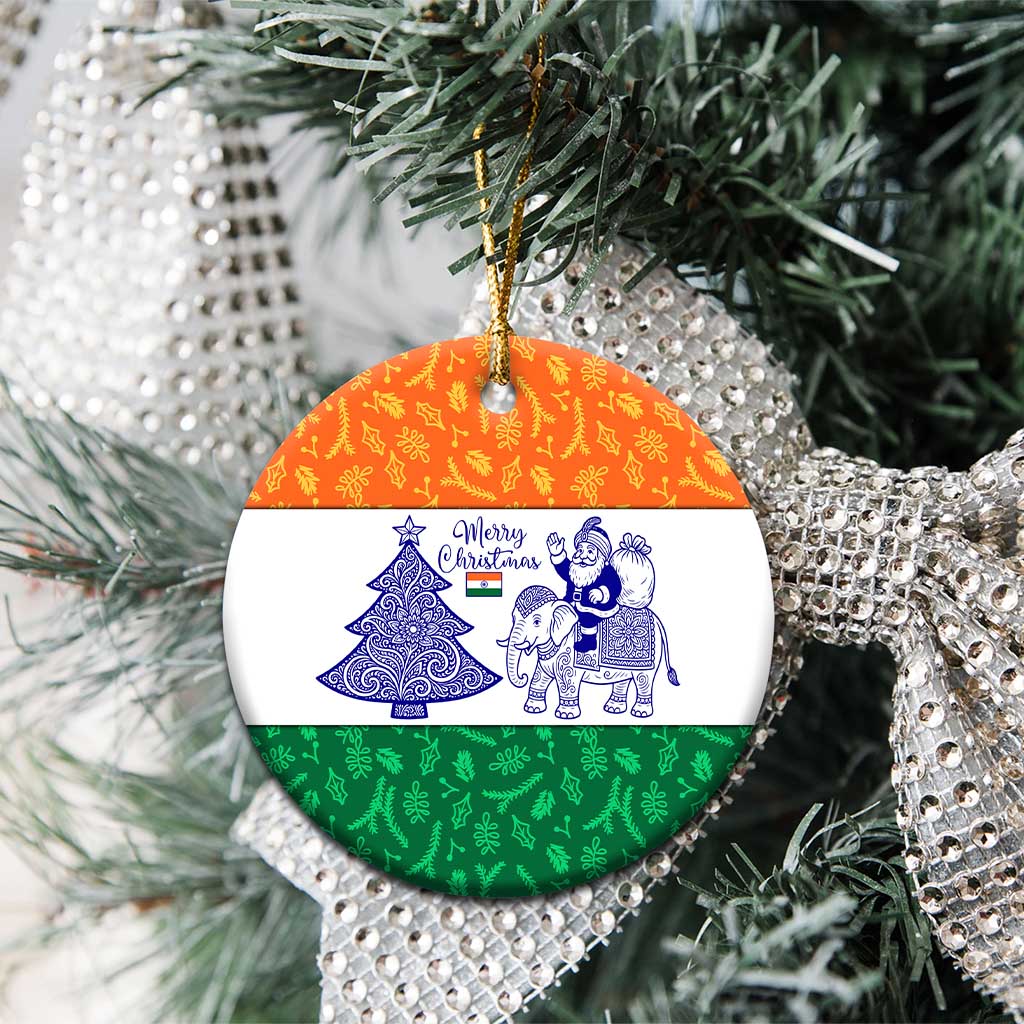India Christmas Ceramic Ornament with Elephant Santa Tree Design and Tricolor Holiday Pattern - Wonder Print Shop