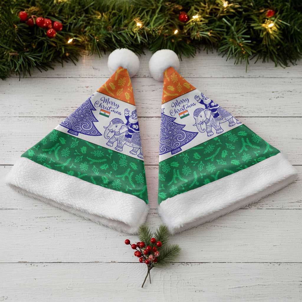 India Christmas Santa Hat with Elephant Santa Tree Design and Tricolor Holiday Pattern - Wonder Print Shop