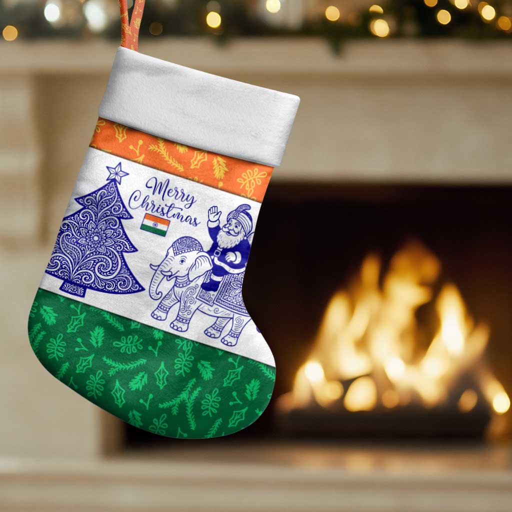India Christmas Stocking with Elephant Santa Tree Design and Tricolor Holiday Pattern - Wonder Print Shop